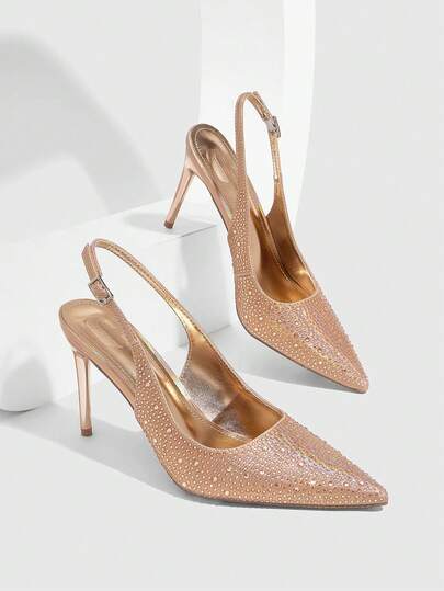 CUCCOO SZL Women Shoes Women's New European And American Simple Fashion French High Heel Color Scheme Electroplated High Heel Thin Heel Pointed Slingback Rear Lift Buckle Low Vamp Sexy Comfortable Lightweight Commuting Spring Autumn Workplace Classic Shoes Festival Street Elegance Temperament Women's Shoes PU Face Full Diamond Elegant Sexy Pointed Classic Versatile Thin High Heel Shoes Commuting Dating Party