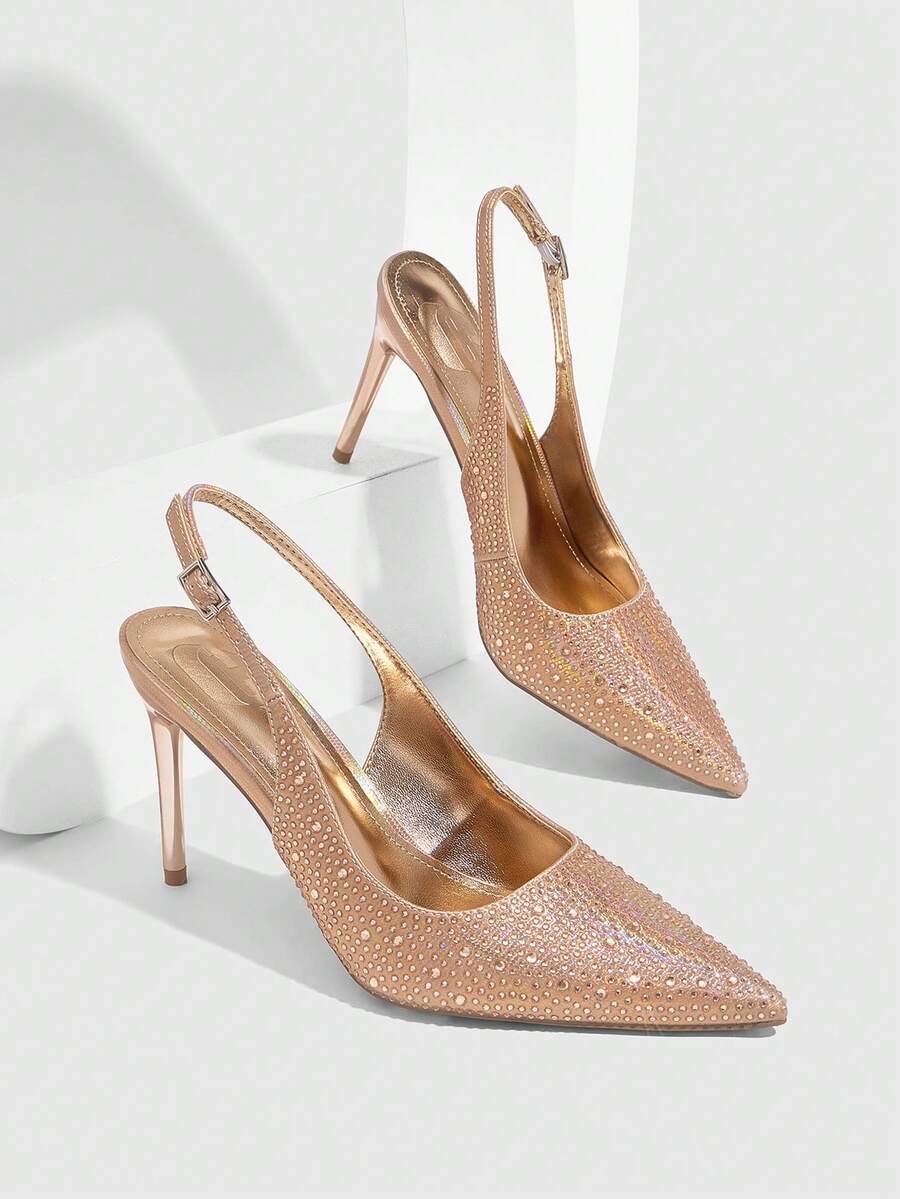 CUCCOO SZL 女士鞋履 新款欧美简约时尚法式高跟鞋 配色电镀高跟细跟尖头露跟后提拉扣低帮性感舒适轻便通勤春秋季职场经典鞋履节日街头优雅气质女鞋 PU面水钻优雅性感尖头经典百搭细跟高跟鞋通勤约会派对春季鞋 - 香檳色 - 查看 1