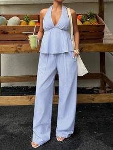 Sunnyshic Blue Striped Cotton Fabric Deep V-Neck Halter Backless Ruffle Hem Camisole And High Waist Straight Leg Wide Leg Pants 2 Piece Set, Women Spring Summer Vacation Beach Commute Elegant Cute Romantic Minimalist Casual Outing Date Versatile - Blue and White - View 7
