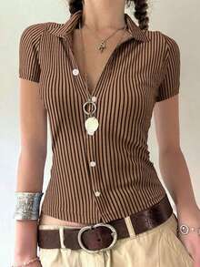 Cévolie 女士撞色条纹短袖修身T恤 - 摩卡棕 - 查看 1