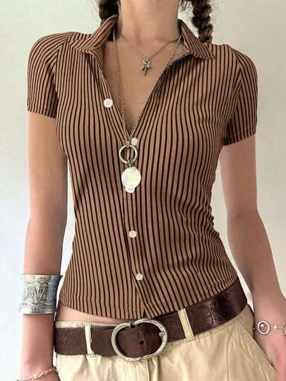 Cévolie Áo thun ngắn tay ôm dáng kẻ sọc phối màu tương phản dành cho nữ
