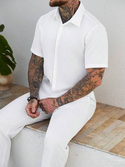 Manfinity CasualCool 男士纯色前开襟短袖休闲衬衫套装，夏季百搭