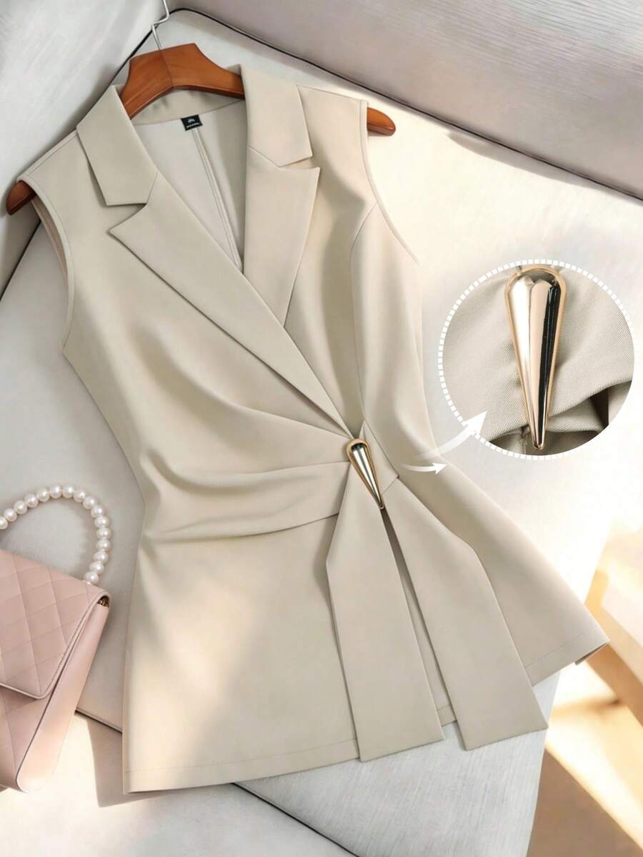 Franclia Áo blazer nữ mùa xuân/hè kiểu Pháp thanh lịch, chất liệu ren kẻ sọc, thích hợp cho công sở, nghỉ dưỡng, tiệc trà chiều lãng mạn, bãi biển, có ve áo, thắt eo, điểm nhấn kim loại, thiết kế dài ôm eo. - Màu be - Xem 1
