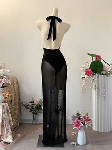 INAWLY 优雅修身V领挂脖连体泳衣，搭配高开衩长裙，性感沙滩泳池泳装 - 黑色 - 查看 2