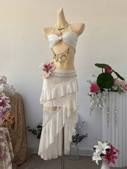 SuriyaCove 女士纯色蕾丝拼接荷叶边不对称下摆优雅半身裙