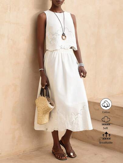 Vesra Ensemble 2 pièces pour femmes : Débardeur sans manches ajouré + Jupe assortie