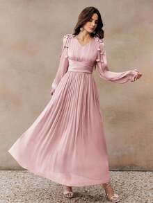 Anewsta 女士长款褶裥腰部闪亮优雅百搭连衣裙，春秋季款。肩部和袖口饰有 3D 立体花朵，点缀水钻，尽显奢华高端品质，适合派对、新年、圣诞节、情人节等场合。 - 粉色 - 查看 4