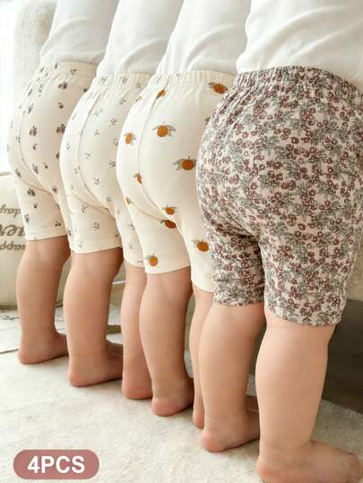 4pcs/Set Infant & Baby Girl6 Months - 2-3 Years) Floral & Fruit Print + Ribbed Texture 5-Minute Leggings, Lightweight Soft Fabric, Suitable For Daily Wear, Casual, Outdoor, Spring/Summer/Autumn