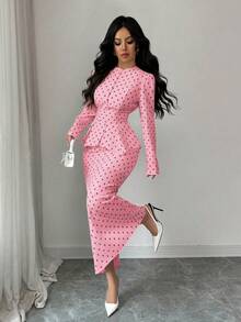 Rafferiza Conjunto de 2 piezas de blusa elegante con botones de perla + falda con dobladillo dividido para mujer - Rosa - Ver 3