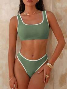 Swim Vcay Women's Summer Beach Trim Camisole Casual Bikini Swimsuit Set - Green - View 6
