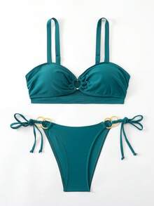 Swim Chiccia 2件套新款可调节加厚肩带纯绿色性感优雅比基尼泳衣套装，适合海滩、泳池、派对、圣诞节等场合。 - 水鴨藍 - 查看 4