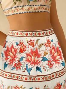 CAJUNI Jupe bohème d'été ample à taille haute avec imprimé floral pour femmes, idéale pour les vacances à la plage. Jupe longue fleurie pour le Nouvel An, la Saint-Valentin, les vacances d'été, le printemps, le carnaval, les fêtes, la plage, les occasions décontractées. - Beige - Voir 5