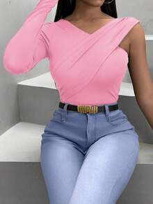 VaVaBold Vestido de manga larga ajustado y sexy con cuello en V y drapeado en unicolor para mujer - Rosa - Ver 3
