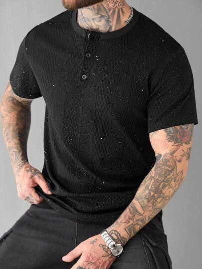 SLATEMANN 男士休闲宽松短袖T恤，黑色，饰有水钻，宽松版型，成熟街头风格，适合通勤和日常穿着，是送给男友/丈夫的绝佳礼物，也可以作为情侣装穿着。