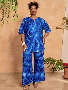 EMERY ROSE Plus Size Women's Tie-Dye Blue 2 Pieces Set,Short Sleeve Top And Wide Leg Pants,Summer Boho Vacation Holiday Outfits,Casual Bohemian Festival Clothes - Multicolor - View 1