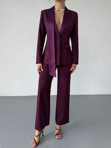 RiviMae Conjunto de traje elegante con chaqueta de solapa y pantalones de un solo abotonado de unicolor para mujer - Burdeos - Ver 3