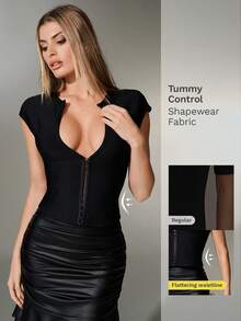 Nuvra Women's Casual U-Neck Front Button Short Sleeve Knit Belted Crop Top - Black - View 7