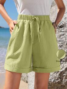Sylviya 松紧腰带卷边斜插口袋休闲短裤夏季绿色纯棉女式短裤 - 綠色 - 查看 7