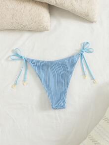 SHEIN Swim 女士春夏沙滩蓝色贝壳装饰提花面料系带泳裤 - 藍色 - 查看 2