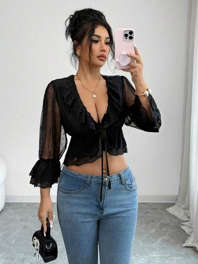 Selianne Women's Elegant Lace Patchwork V-Neck Tie Blouse, Summer, Women's Summer Clothing, Summer Wear, New Arrival, Women's Valentine's Day Outfit, Party, Beach, Graduation, Elegant, Formal, Women's Business Attire, Sexy, Vacation, Women's Resort Wear, Fashionable Casual Commuter Outfit, Business Office Attire, Versatile Stylish Casual Everyday Wear, Urban Teacher Professional Outfit