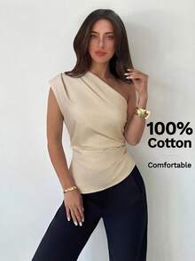 Aloruh Áo sơ mi nữ thanh lịch, kiểu dáng tối giản với vạt áo bất đối xứng, màu vải lanh, chất liệu cotton nguyên chất cao cấp, thích hợp cho mùa xuân/hè. - Màu be - Xem 8