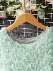 女童薄荷綠夏季優雅花童禮服，泡泡袖圓領3D玫瑰花短袖洋裝，附蝴蝶結腰帶，適合派對婚禮 - 綠色 - 查看 8