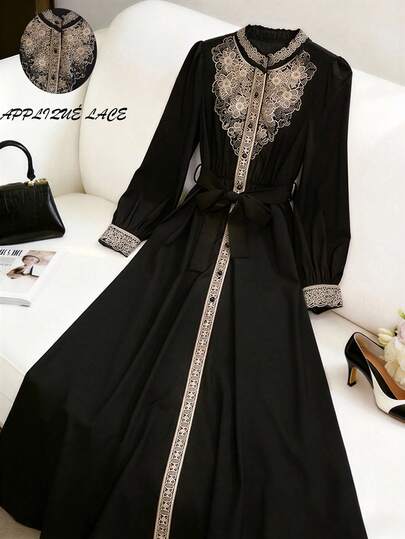 GlowEve Women's Elegant Long Black Dress With Gold Woven Ribbon Trim And Waist Tie Design, Suitable For Dates, Parties, Gatherings, New Year Holidays, Middle Eastern Festivals