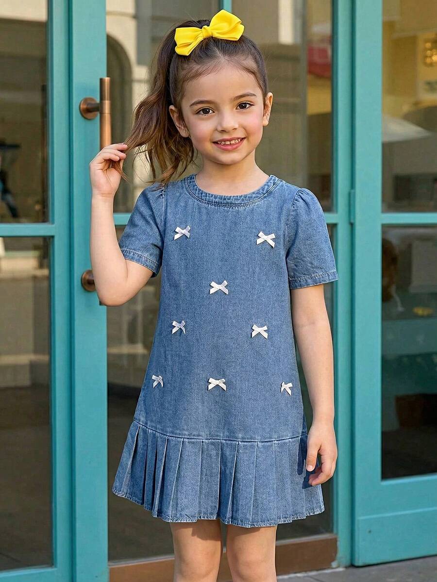 Girls' Lace Patchwork Denim Dress, Children's Summer Dress, New Fashion Loose A-Line Dress For Tween Girls - Light Wash - View 1