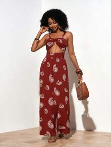 Zivah 2026 女士印花度假休闲独特图案印花面料胸前镂空连体裤 - 棕色 - 查看 6