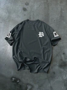 Manfinity EMRG Camiseta de manga corta de cuello redondo casual con estampado de letras y números para hombre, verano - Gris - Ver 2