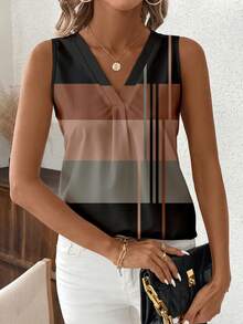 EMERY ROSE 女士休闲加大码V领条纹衬衫，无袖，常规版型，多色梭织面料，春夏度假必备单品，优雅潮流女装，夏季休闲时尚女式衬衫 - 彩色 - 查看 4