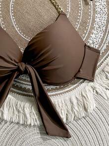 Swim SXY Áo bikini nữ màu trơn kiểu yếm buộc dây trang trí, có gọng nâng ngực, bikini gợi cảm. - màu nâu - Xem 4