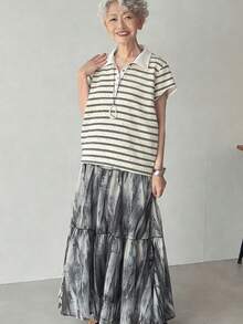 FRIFUL Women's Loose Casual T-Shirt With POLO Collar And All-Over Stripes - Black and White - View 3