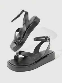 HighSole Giày nữ mùa xuân hè mới, thiết kế khóa cài đôi phía sau, đế dày, kiểu dáng đơn giản, đa năng, thích hợp đi làm, đi mua sắm hàng ngày. - màu đen - Xem 5