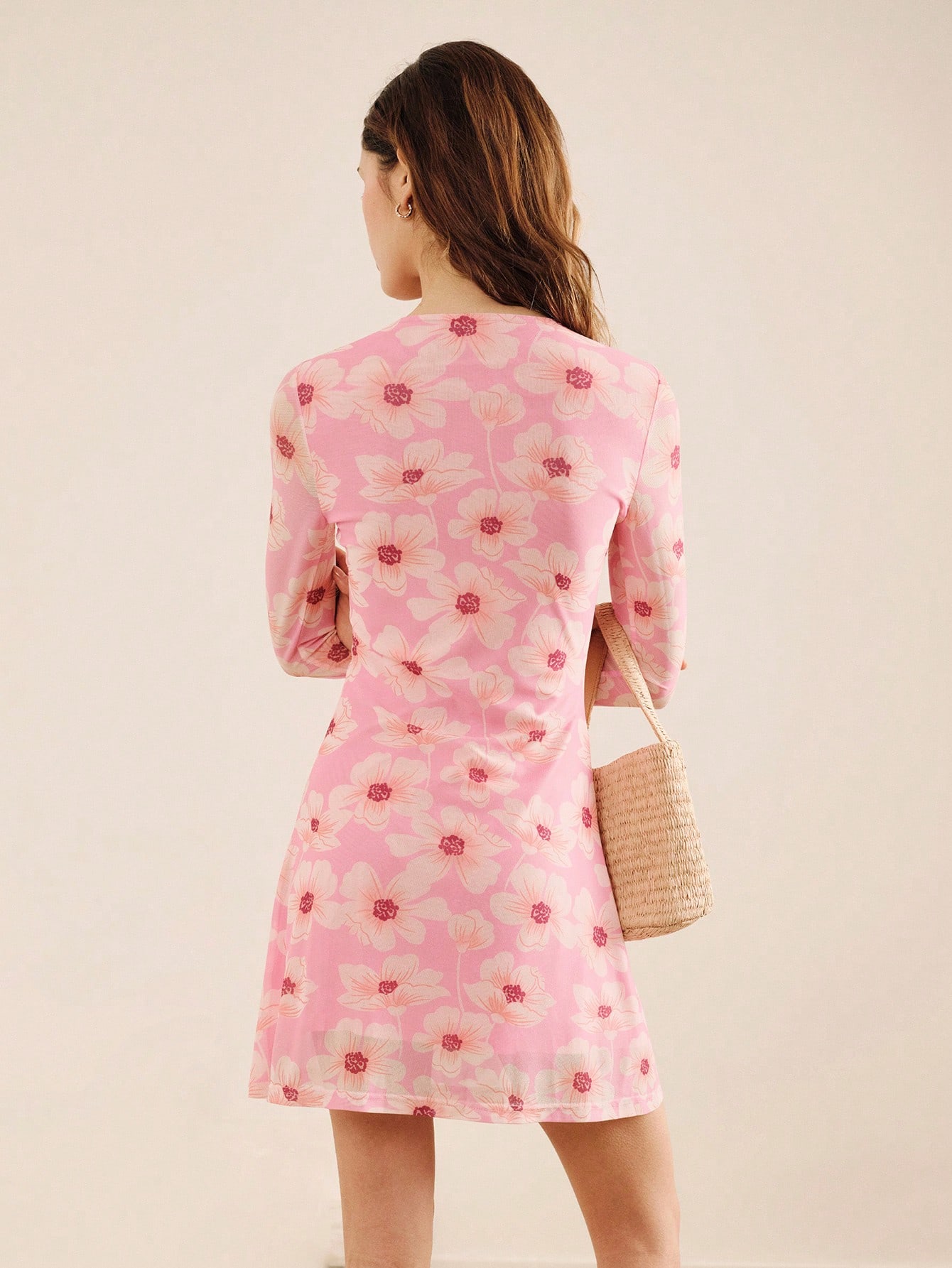 Cute Longsleeves Floral Print Pink Fitted Mini Dress Spring Summer Vacation French Style Parisian Style Going Out Birthday Dress