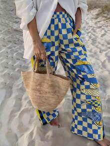 Vaclyn 女士休闲沙滩度假格子鱼纹宽松裤 - 彩色 - 查看 1