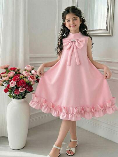 Older Girls' Pink Sleeveless Bow Ruffle Dress, Princess Style Formal Gown Pink-Hued For A Charming Vibe, This Sleeveless Dress Features A 3D Pearl-Adorned Bow At The Chest For A Sweet, Refined Look. Its Bow Streamers Make It Perfect For Festivals, Banquets And Other Formal Events.