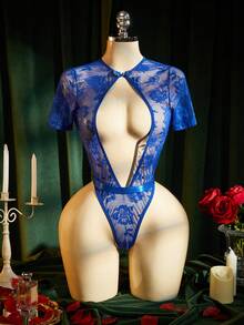SpicyHot 2pcs/Set Plunging Neck Sexy Lace Jumpsuit - Navy Blue - View 3