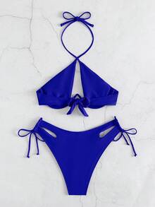 Bikini hở lưng thắt nút chéo hở lưng mùa hè Bikini bikini gọng màu xanh lam - Xanh đậm - Xem 2