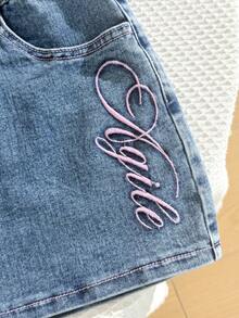 Comfortcana 女士时尚刺绣迷你牛仔裙 - 中等水洗藍 - 查看 5