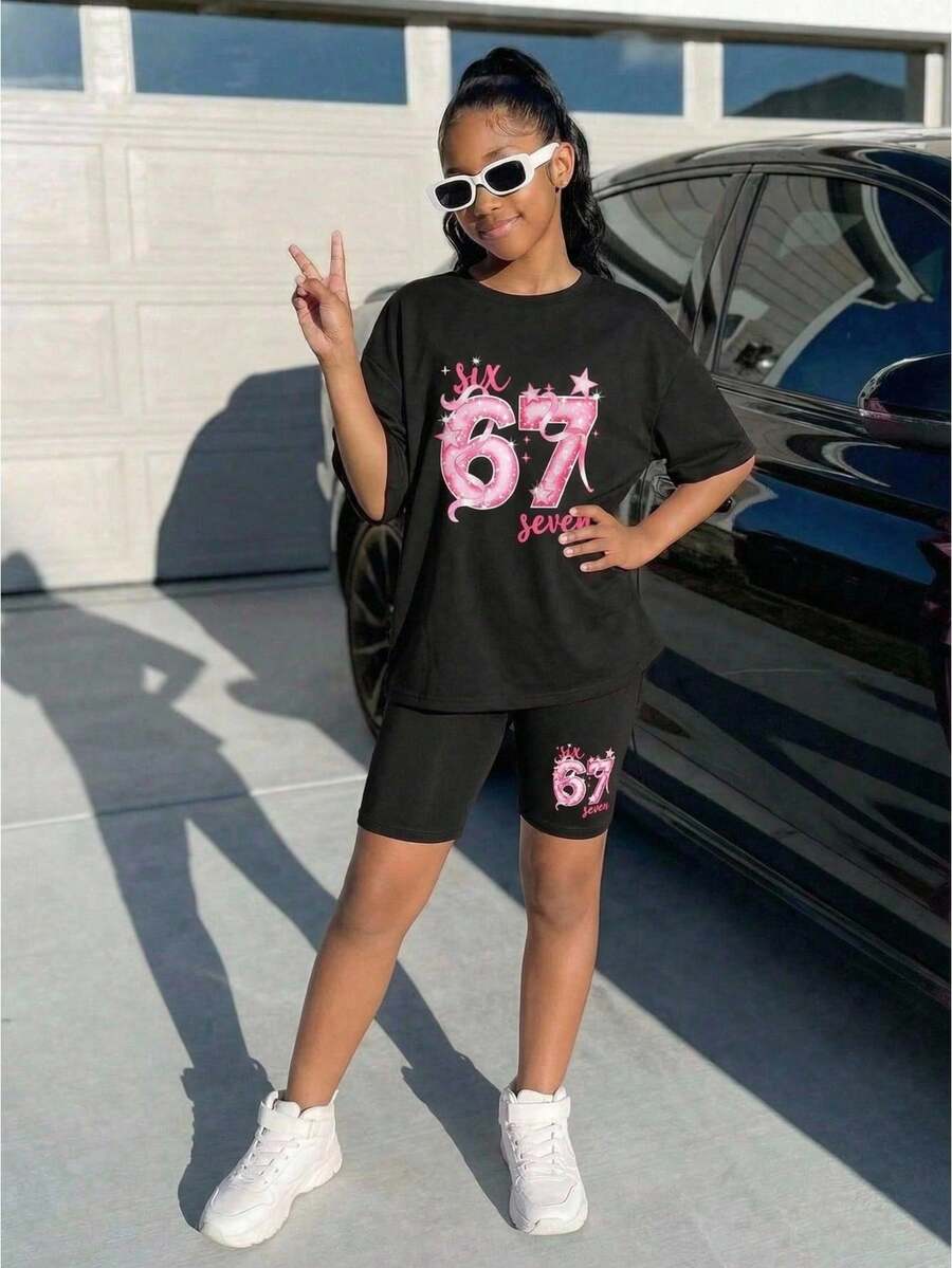 少女时尚休闲黑色圆领宽松落肩67图案短袖T恤+修身骑行裤套装,适合日常休闲时尚外出 - 黑色 - 查看 1