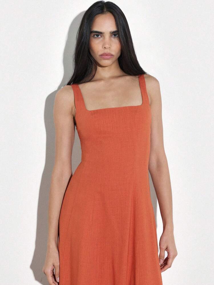 KSTM Square Neck Paneled Midi Dress Sleeveless A-Line Coral Orange Women Fall Casual Day Work Elegant Flowing Comfortable Stylish Contemporary