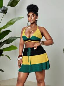 Maweii Women's Plus Size 2 Pieces Summer Sets,Boho Yellow Vacation Holiday Deep V Halter Backless Crop Top And Tie Waist Mini Skirt,Jamaican Sweater Set - Multicolor - View 5