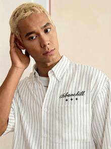 SWAVVY Standard Size Men's Casual Blue & White Striped Short Sleeve Loose Fit Shirt With Floral English Text Embroidery - White - View 5
