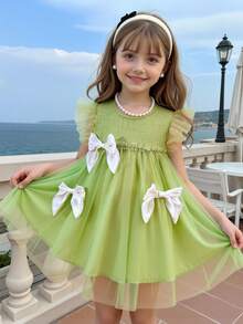 Elladie kids 夏季女童绿色网纱短袖连衣裙，饰有3个蝴蝶结，舒适网纱面料，适合各种场合、派对、活动 - 綠色 - 查看 4