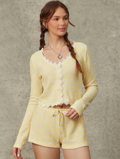 WESTFADE Crochet Lace Scoop Neck Button Front Long Sleeve Striped Open Knit Crop Top & Mid Rise Drawstring Waist Relaxed Shorts Women Two Piece Matching Sets Spring, Summer, Resort Wear, Casual, Cute,  Coastal, Cowgirl, Boho, Farmers Market, Picnic, Vacation, Beach, Festival, Western Wear, Nashville, Rodeo Outfit, Country Concert, Butter Yellow