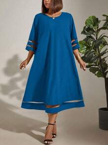 EMERY ROSE Plus Size Loose Mesh Splice Casual Dress Maxi Women Outfit - Blue - View 1