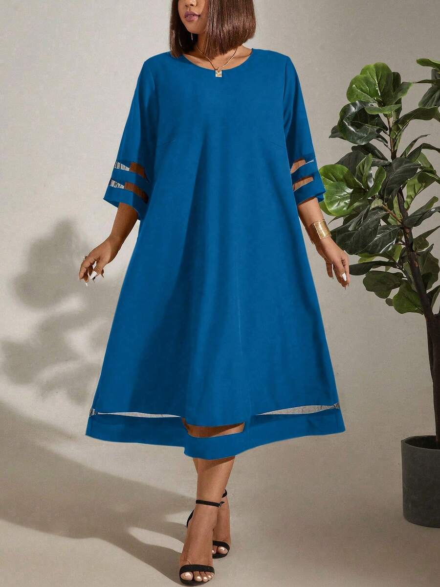 EMERY ROSE Plus Size Loose Mesh Splice Casual Dress Maxi Women Outfit - Blue - View 1