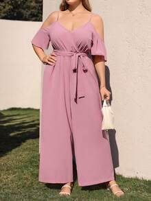 EMERY ROSE 大码女式休闲粉色露肩吊带V领系腰蝴蝶结连体裤，春夏款 - 粉色 - 查看 8