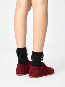 ROMWE Grunge Punk 女士平底豹纹绑带芭蕾舞鞋，布面鞋面，乐福鞋，玛丽珍小皮鞋 - 酒紅色 - 查看 6